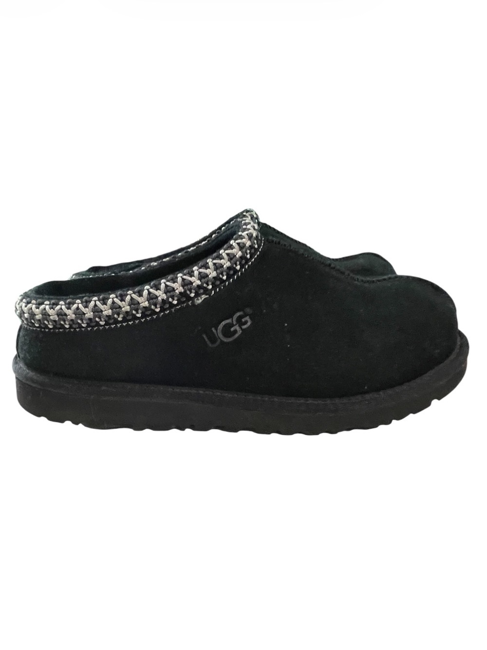 UGG Black Suede Slip-On Clog with Woven Trim